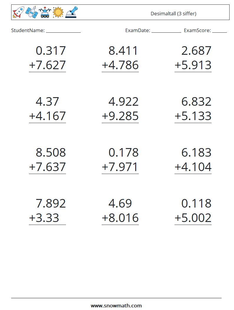 (12) Desimaltall (3 siffer) MathWorksheets 2