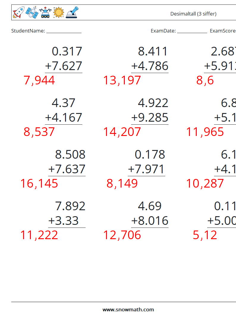 (12) Desimaltall (3 siffer) MathWorksheets 2 QuestionAnswer