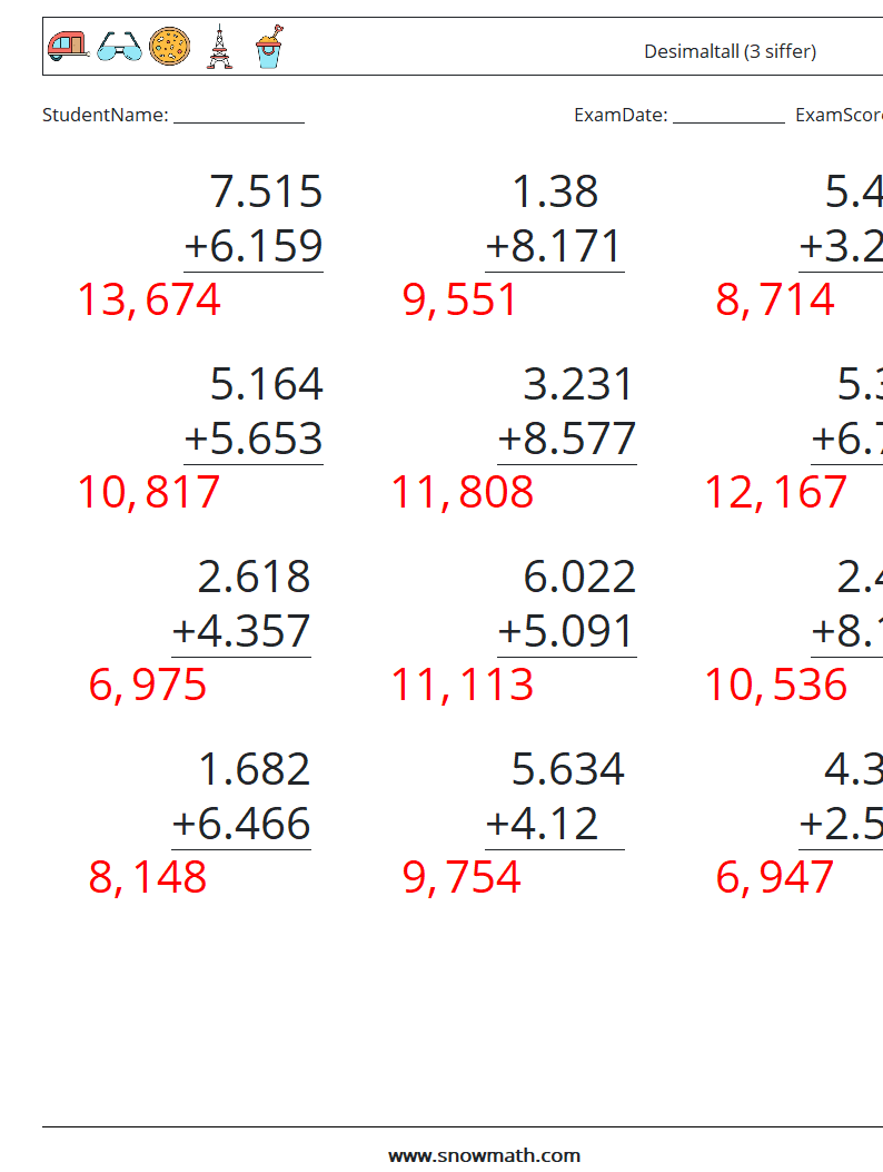 (12) Desimaltall (3 siffer) MathWorksheets 3 QuestionAnswer