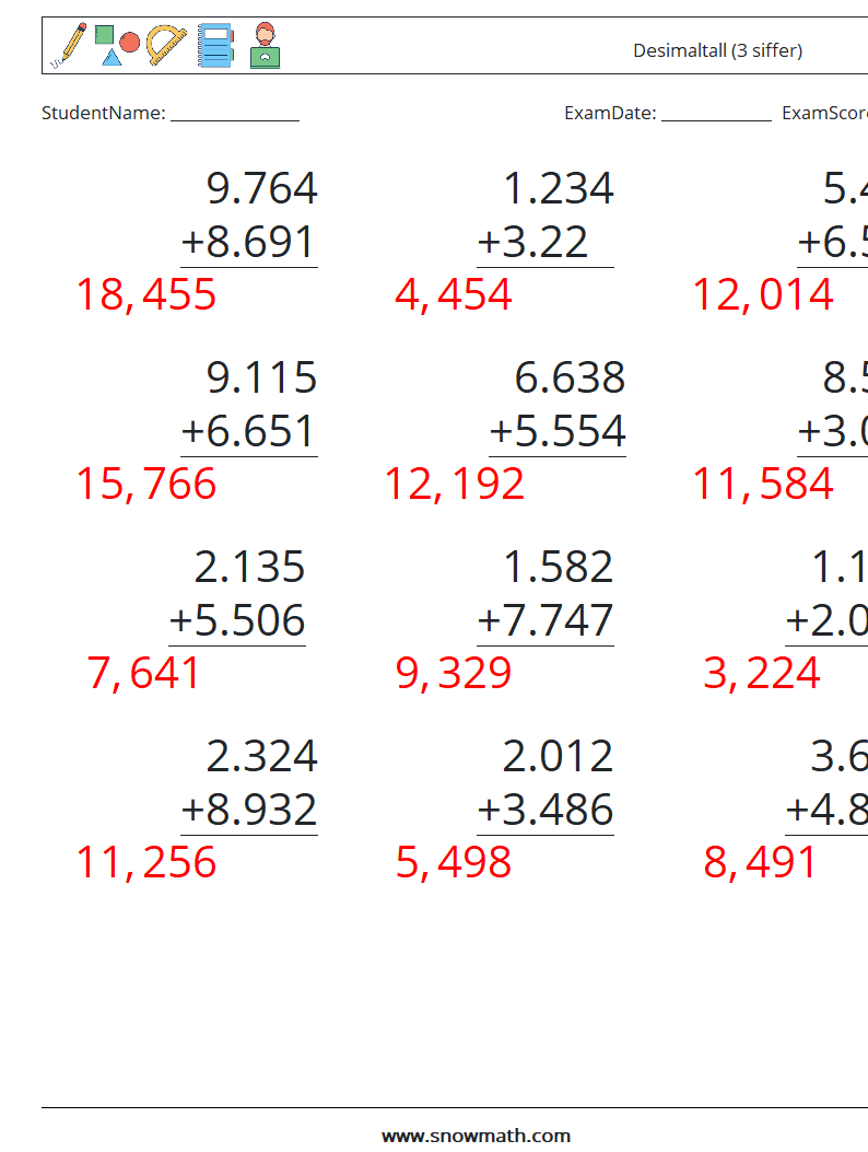 (12) Desimaltall (3 siffer) MathWorksheets 4 QuestionAnswer