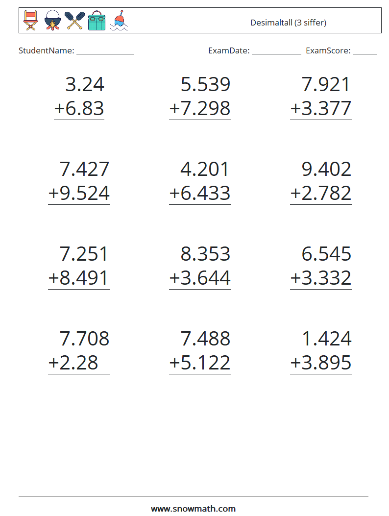 (12) Desimaltall (3 siffer) MathWorksheets 5