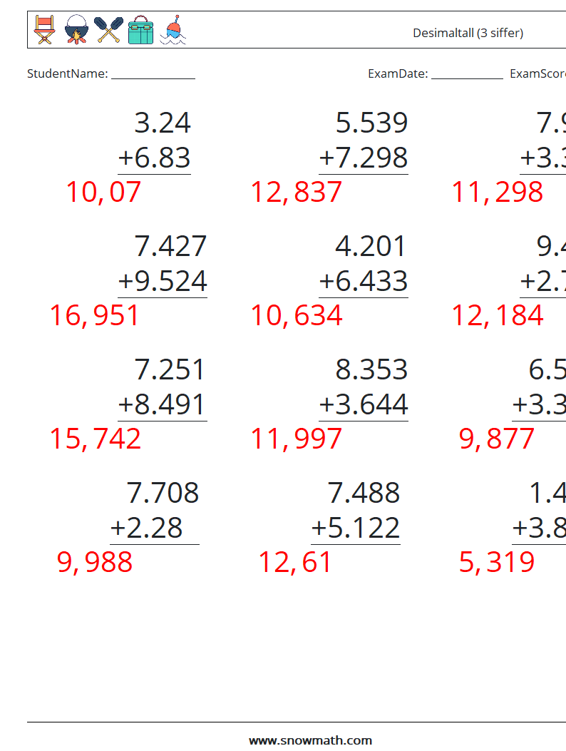 (12) Desimaltall (3 siffer) MathWorksheets 5 QuestionAnswer