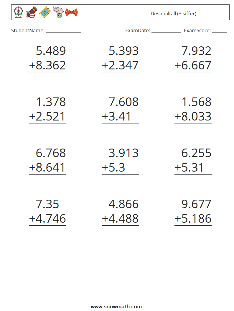 (12) Desimaltall (3 siffer) MathWorksheets 6