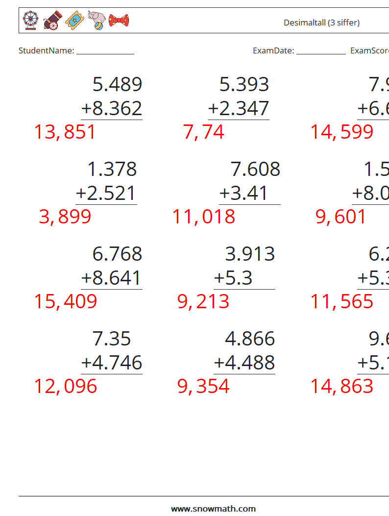 (12) Desimaltall (3 siffer) MathWorksheets 6 QuestionAnswer