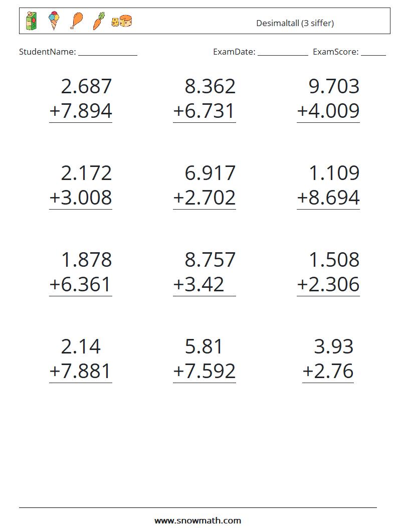 (12) Desimaltall (3 siffer) MathWorksheets 7