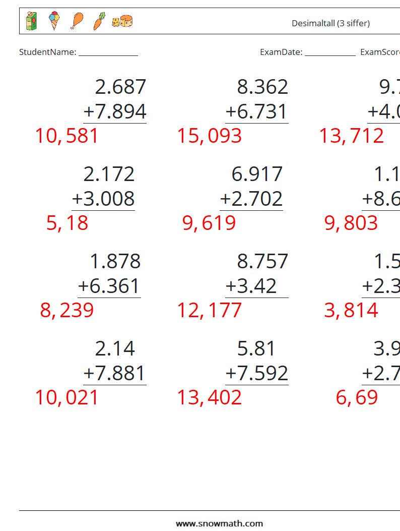 (12) Desimaltall (3 siffer) MathWorksheets 7 QuestionAnswer