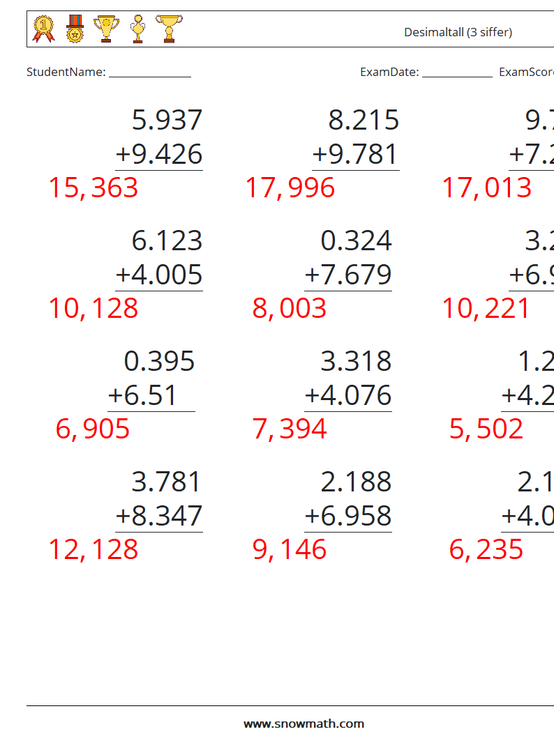 (12) Desimaltall (3 siffer) MathWorksheets 8 QuestionAnswer