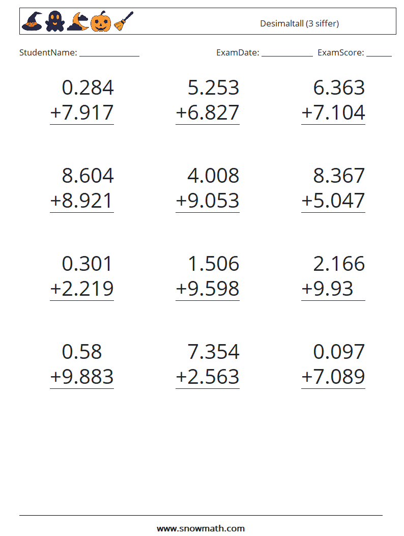 (12) Desimaltall (3 siffer) MathWorksheets 9