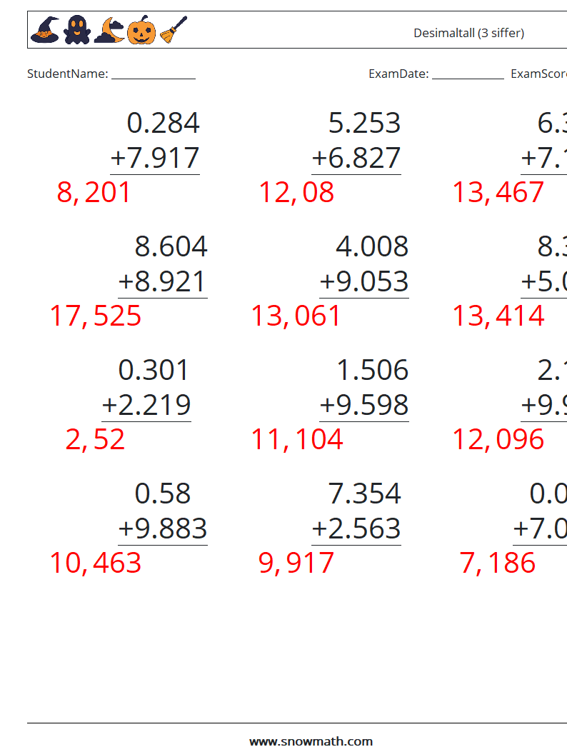 (12) Desimaltall (3 siffer) MathWorksheets 9 QuestionAnswer