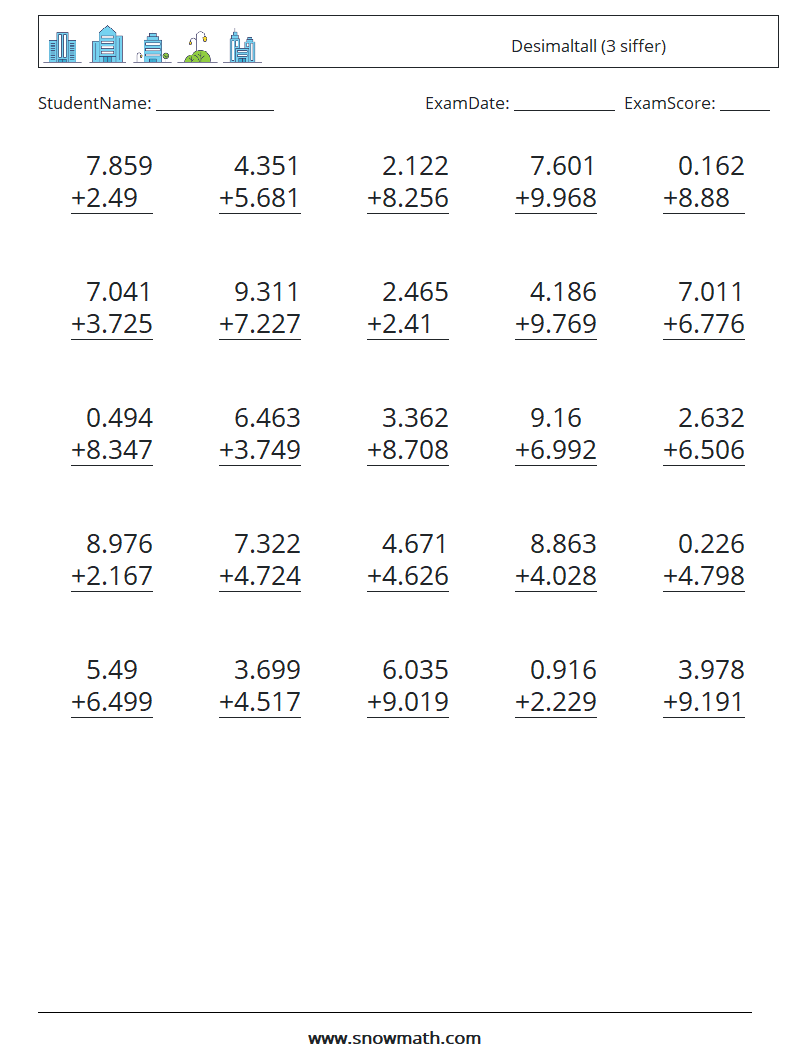 (25) Desimaltall (3 siffer) MathWorksheets 1