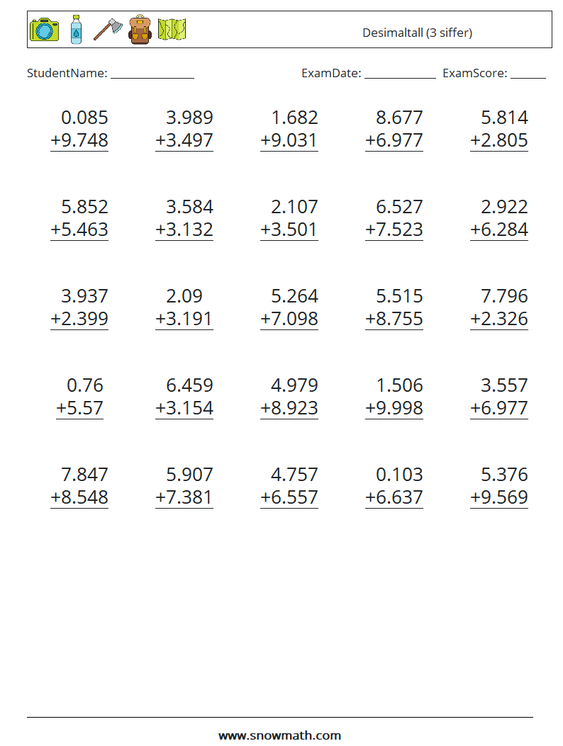 (25) Desimaltall (3 siffer) MathWorksheets 10