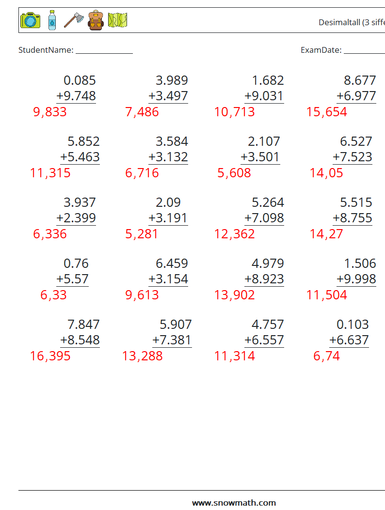 (25) Desimaltall (3 siffer) MathWorksheets 10 QuestionAnswer