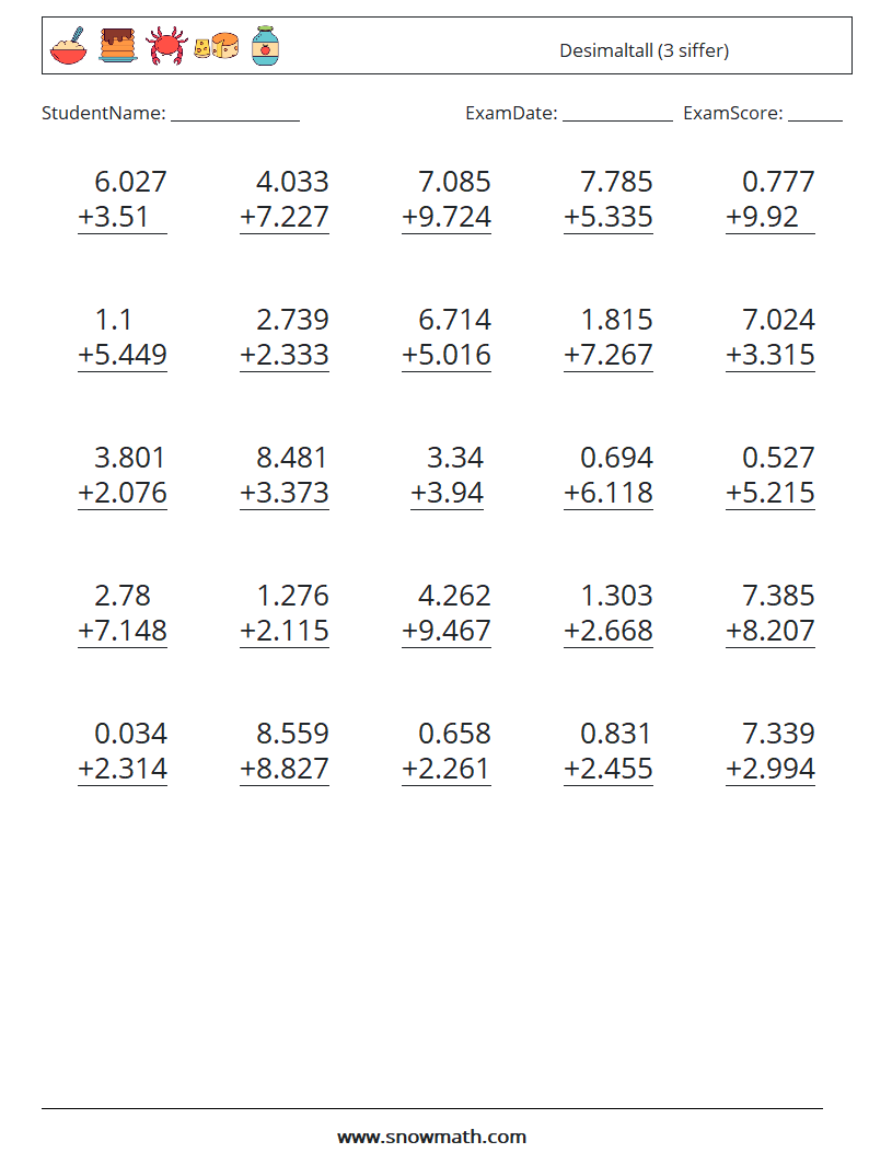 (25) Desimaltall (3 siffer) MathWorksheets 11