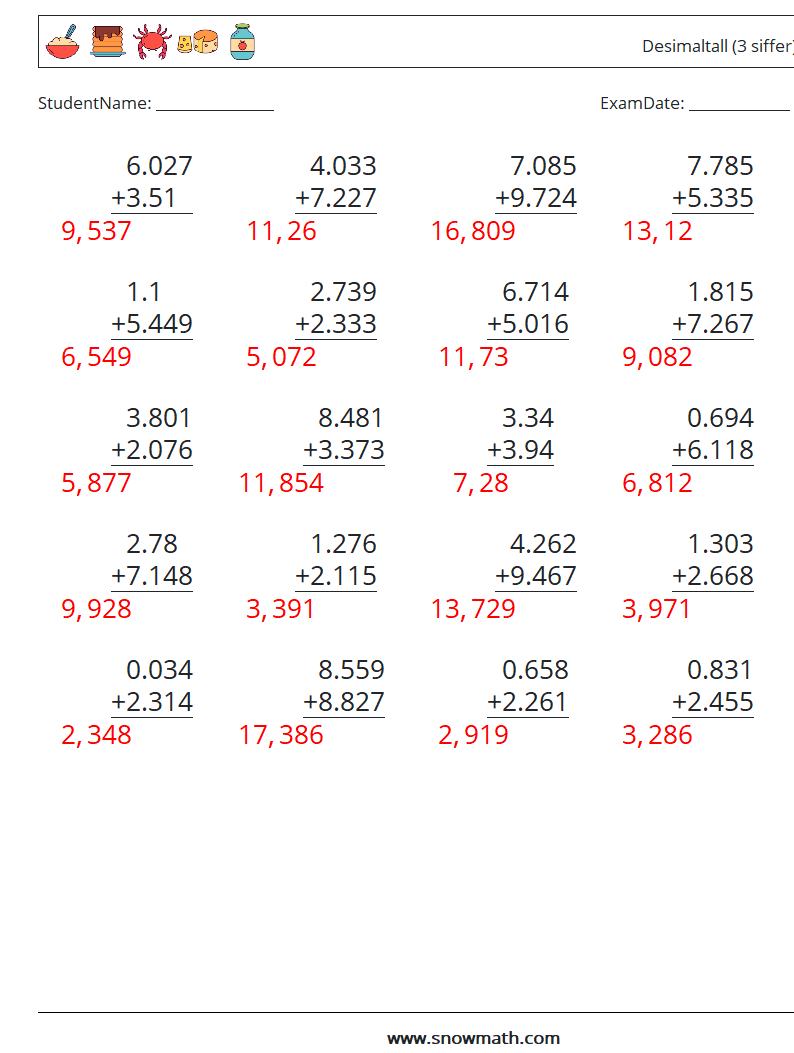 (25) Desimaltall (3 siffer) MathWorksheets 11 QuestionAnswer