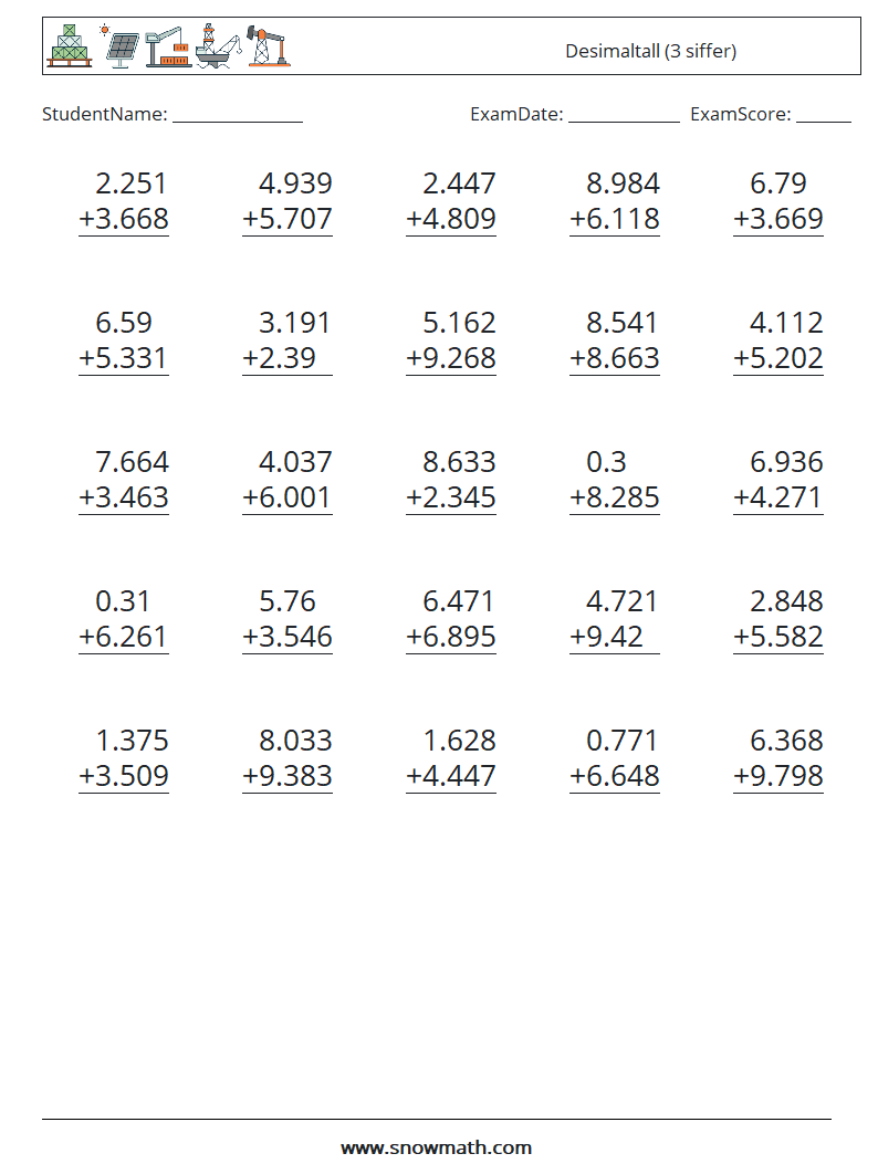 (25) Desimaltall (3 siffer) MathWorksheets 12