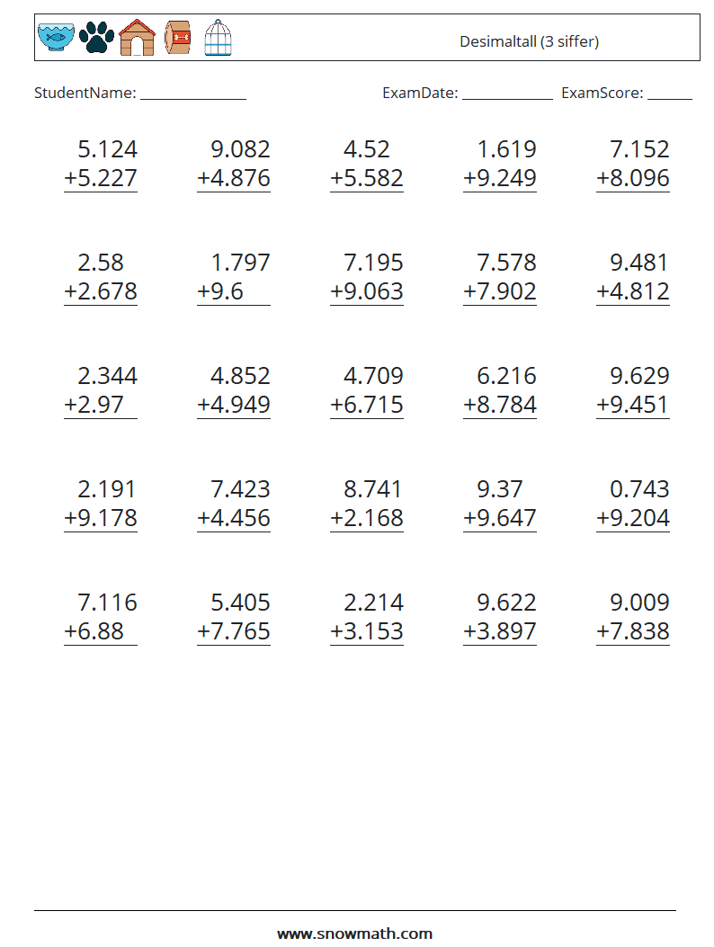 (25) Desimaltall (3 siffer) MathWorksheets 13
