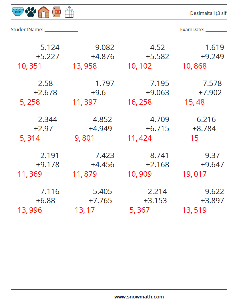 (25) Desimaltall (3 siffer) MathWorksheets 13 QuestionAnswer