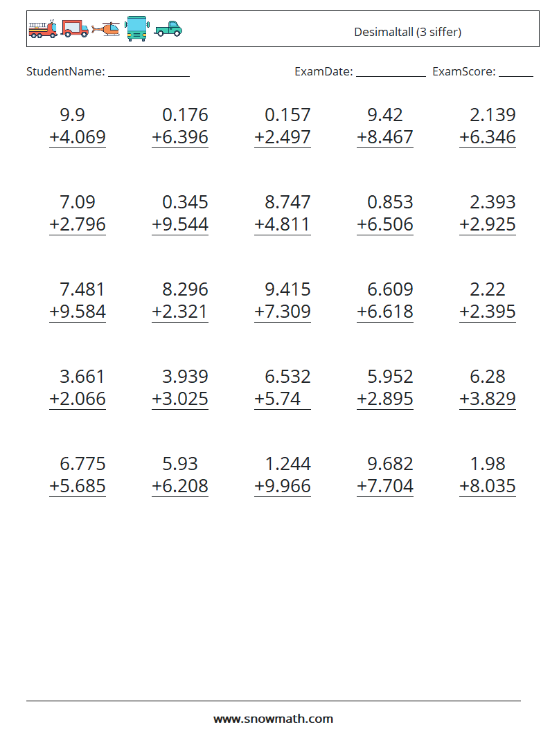 (25) Desimaltall (3 siffer) MathWorksheets 14