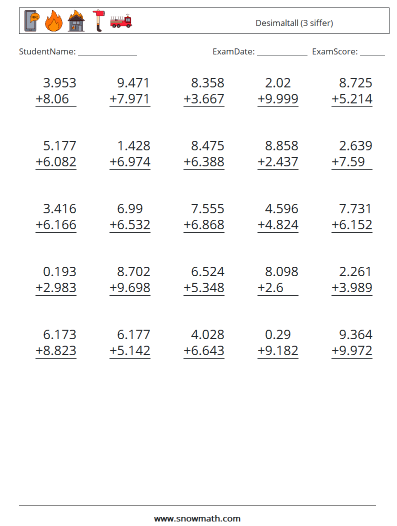 (25) Desimaltall (3 siffer) MathWorksheets 15