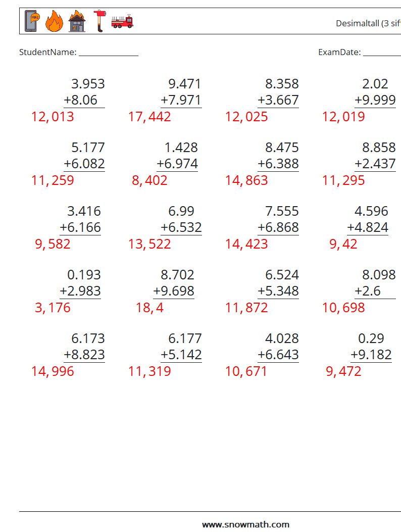 (25) Desimaltall (3 siffer) MathWorksheets 15 QuestionAnswer