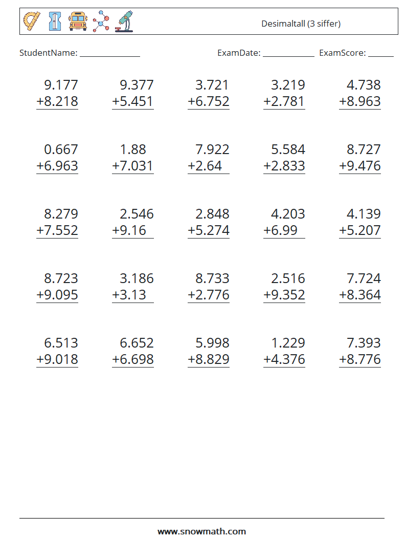 (25) Desimaltall (3 siffer) MathWorksheets 16