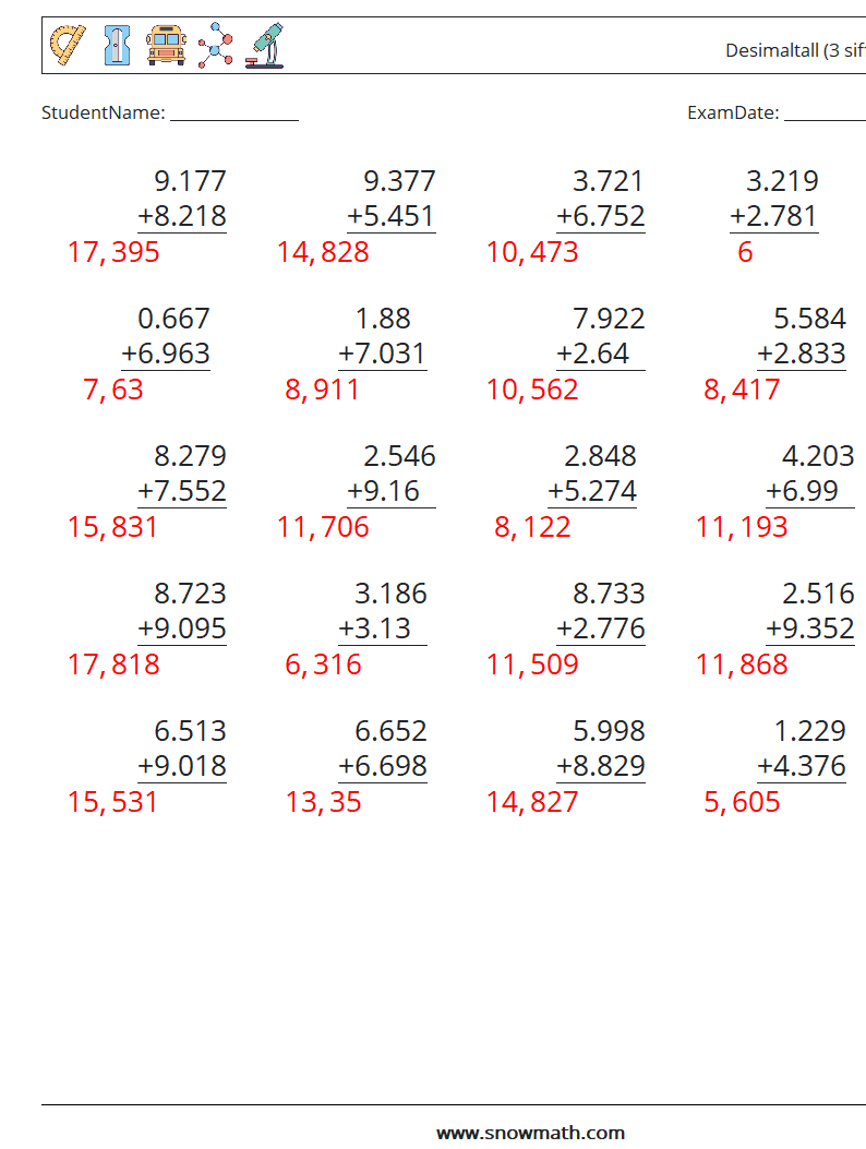 (25) Desimaltall (3 siffer) MathWorksheets 16 QuestionAnswer