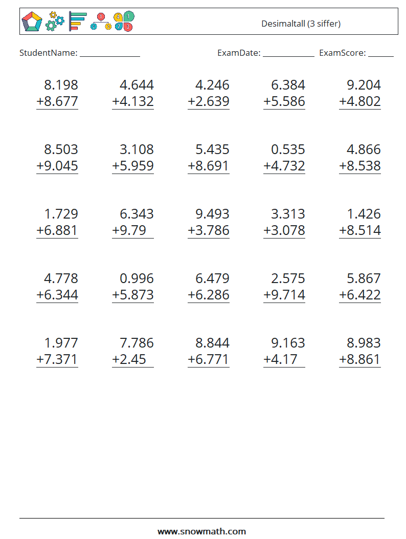 (25) Desimaltall (3 siffer) MathWorksheets 17