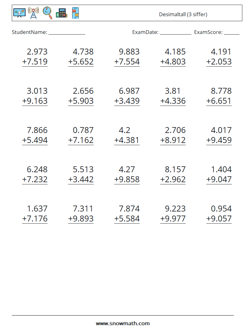(25) Desimaltall (3 siffer) MathWorksheets 18