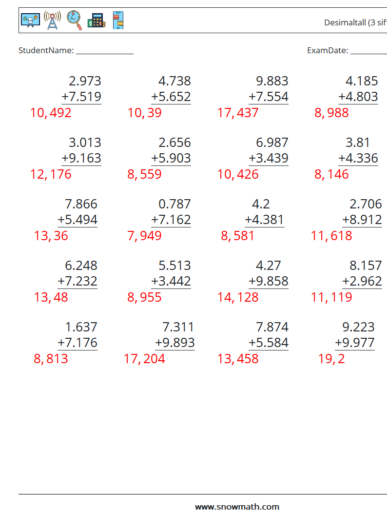 (25) Desimaltall (3 siffer) MathWorksheets 18 QuestionAnswer