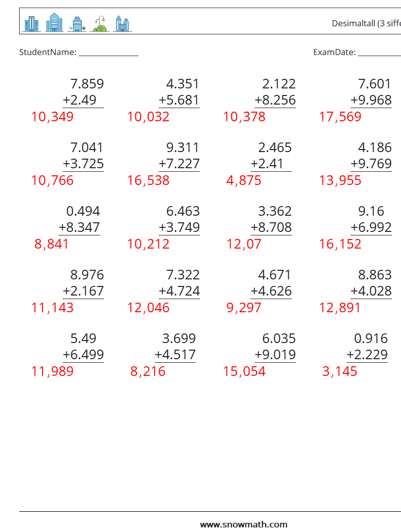 (25) Desimaltall (3 siffer) MathWorksheets 1 QuestionAnswer