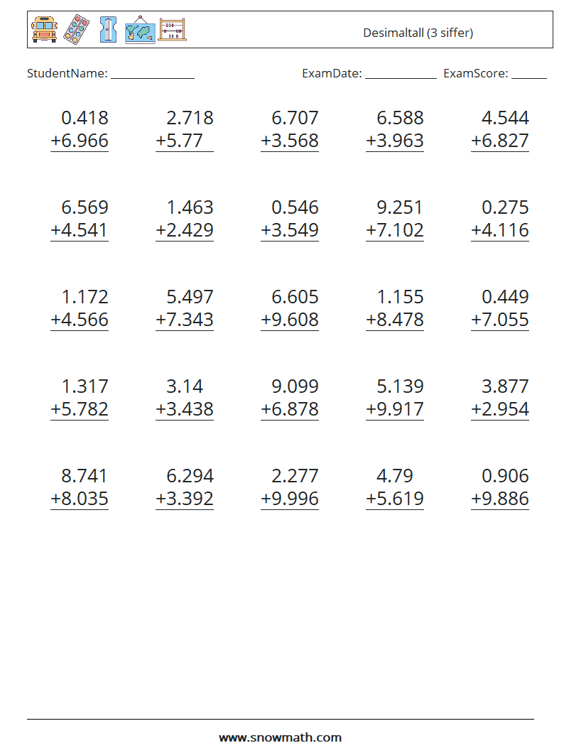 (25) Desimaltall (3 siffer) MathWorksheets 2