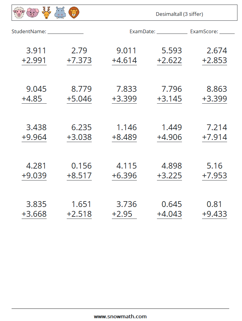 (25) Desimaltall (3 siffer) MathWorksheets 3