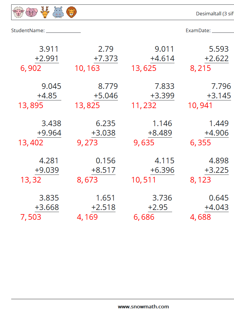 (25) Desimaltall (3 siffer) MathWorksheets 3 QuestionAnswer