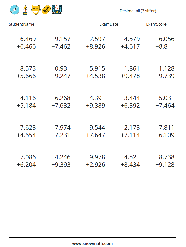 (25) Desimaltall (3 siffer) MathWorksheets 4