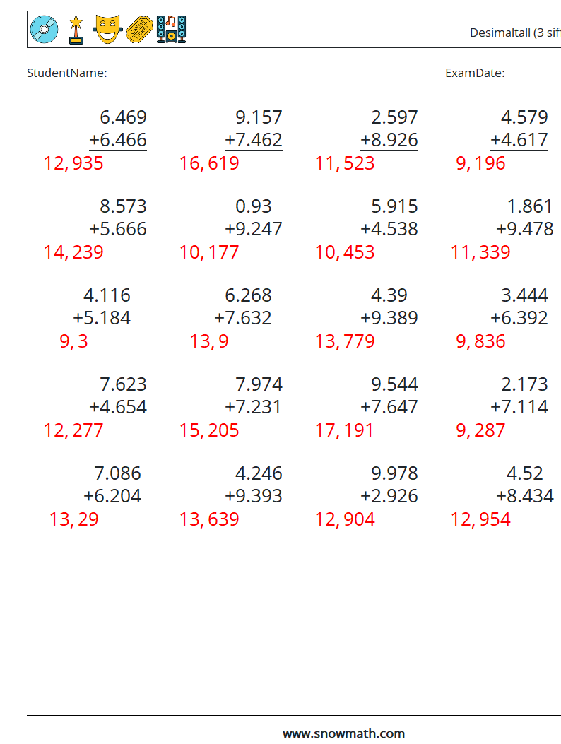 (25) Desimaltall (3 siffer) MathWorksheets 4 QuestionAnswer