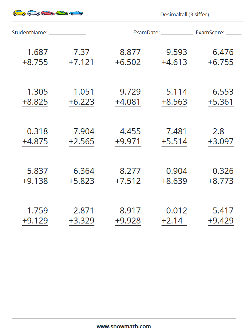 (25) Desimaltall (3 siffer) MathWorksheets 5