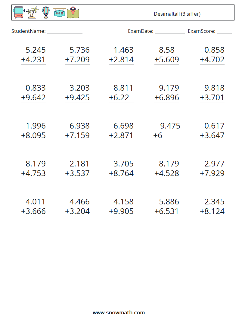 (25) Desimaltall (3 siffer) MathWorksheets 6