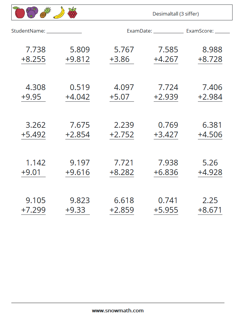 (25) Desimaltall (3 siffer) MathWorksheets 7