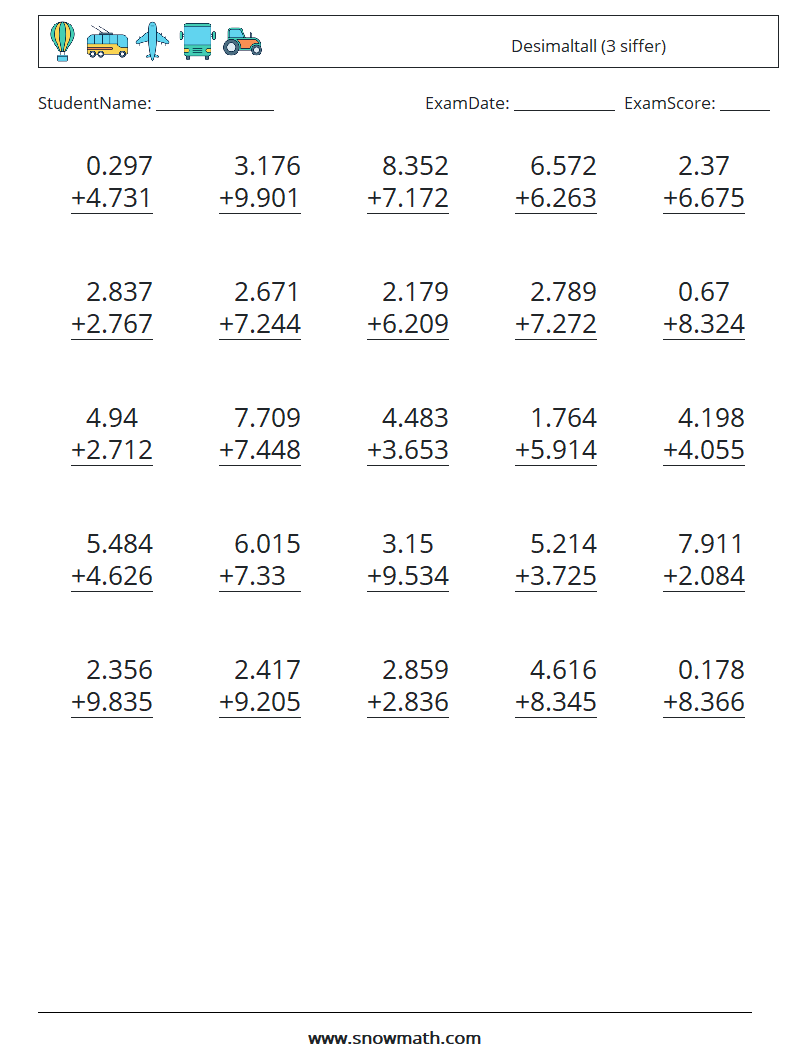 (25) Desimaltall (3 siffer) MathWorksheets 8