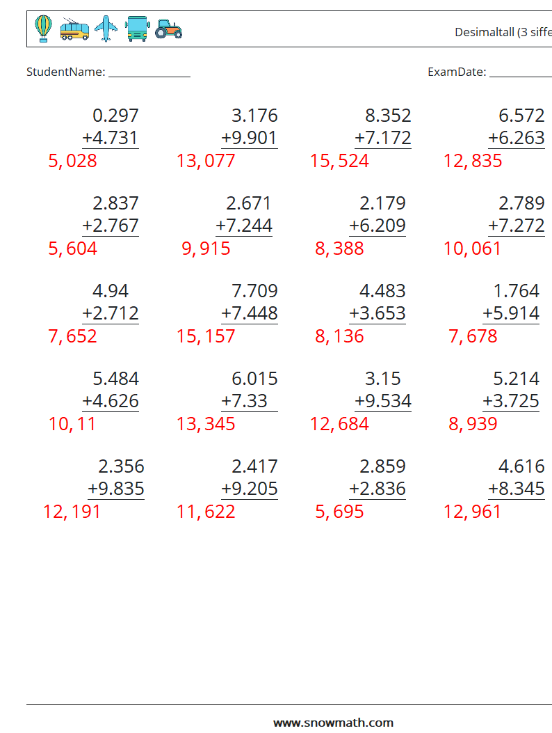 (25) Desimaltall (3 siffer) MathWorksheets 8 QuestionAnswer