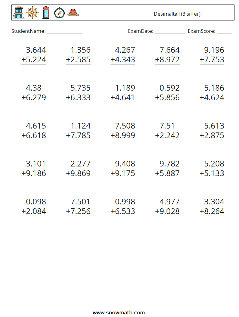 (25) Desimaltall (3 siffer) MathWorksheets 9