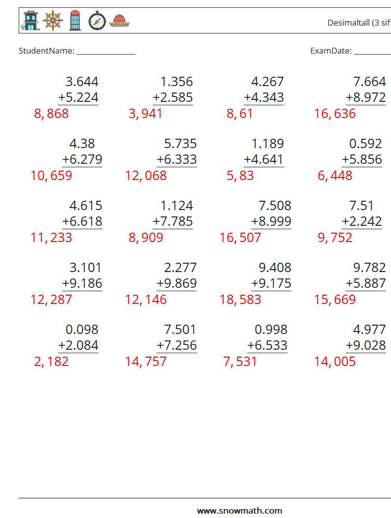 (25) Desimaltall (3 siffer) MathWorksheets 9 QuestionAnswer