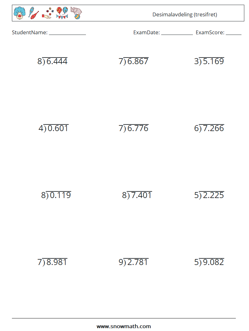 (12) Desimalavdeling (tresifret) MathWorksheets 10