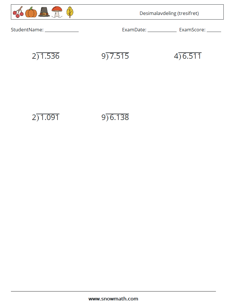 (12) Desimalavdeling (tresifret) MathWorksheets 12