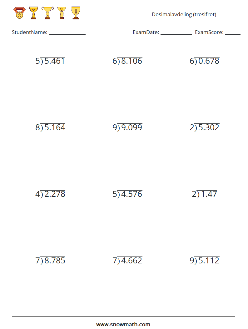 (12) Desimalavdeling (tresifret) MathWorksheets 13