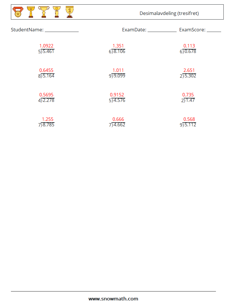 (12) Desimalavdeling (tresifret) MathWorksheets 13 QuestionAnswer