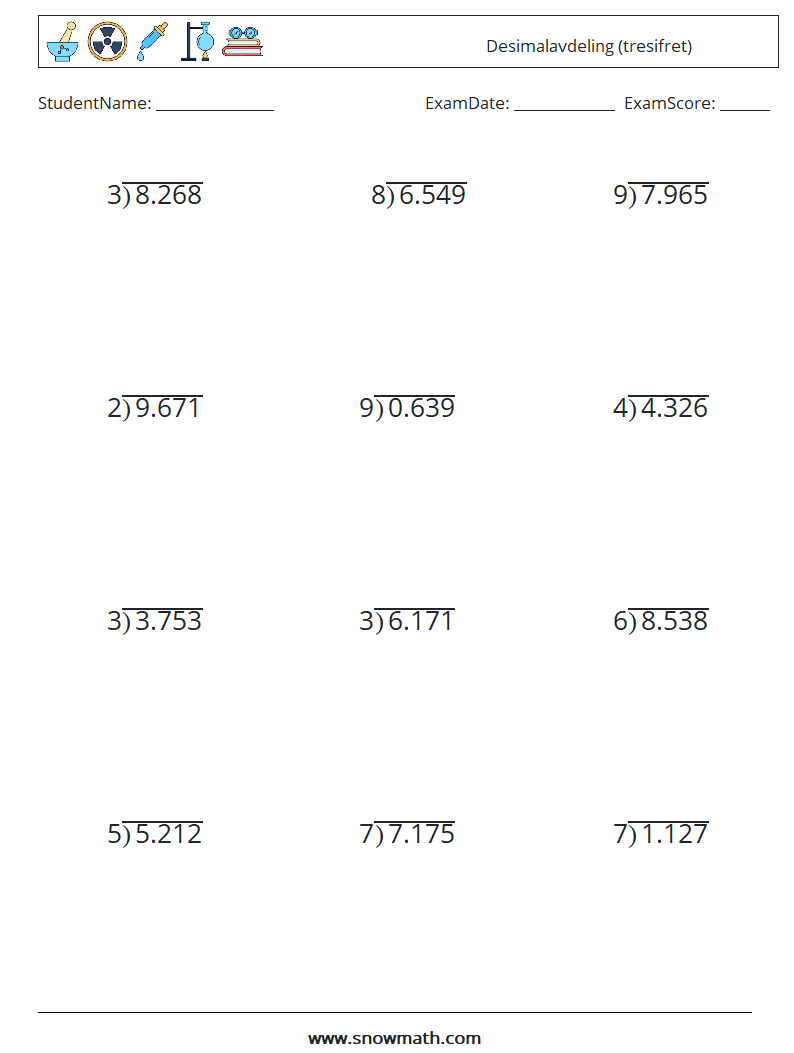 (12) Desimalavdeling (tresifret) MathWorksheets 14