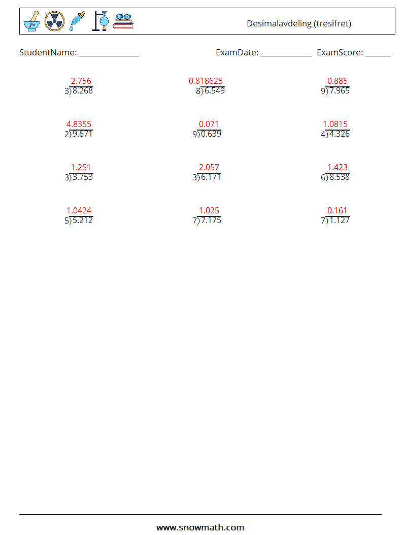 (12) Desimalavdeling (tresifret) MathWorksheets 14 QuestionAnswer