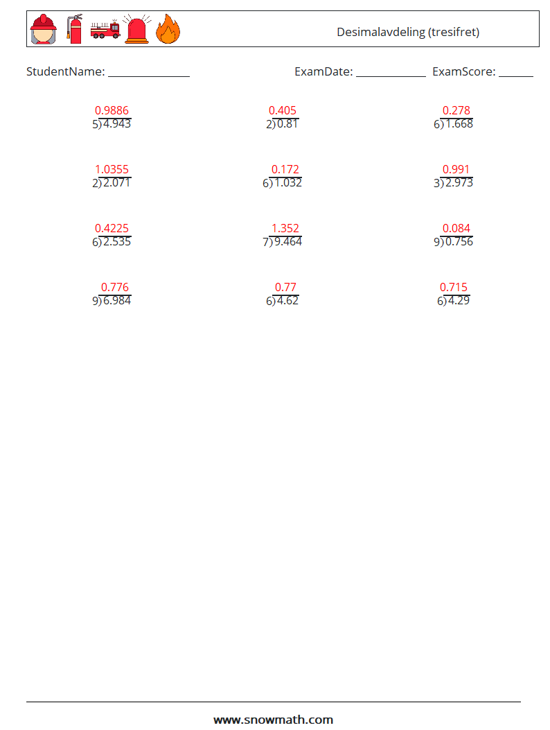 (12) Desimalavdeling (tresifret) MathWorksheets 15 QuestionAnswer