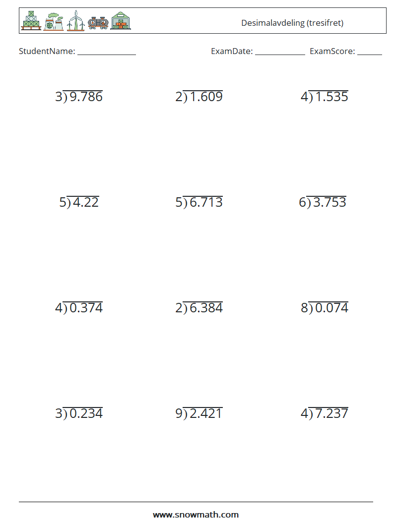 (12) Desimalavdeling (tresifret) MathWorksheets 16